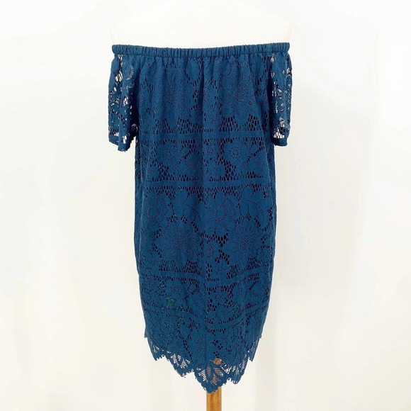 Ann Taylor Loft Womens Off-Shoulder Lace Dress XS Blue Scalloped Hem Romantic - Picture 3 of 7